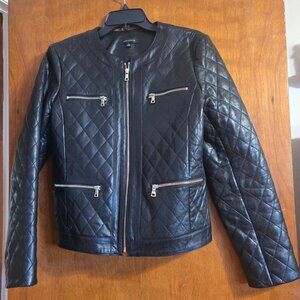 Ann Taylor Black Leather Quilted Jacket Size Medium Genuine Leather